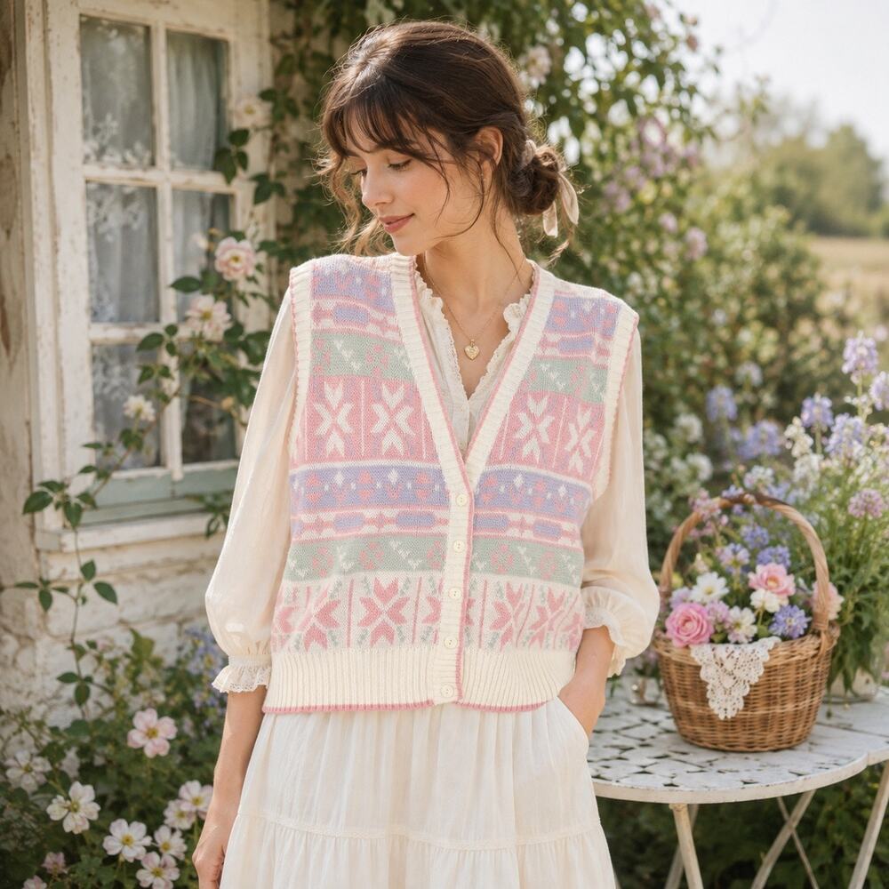 Vtg Jantzen 80s Sweater Womens Vest Sz L Fair Isle Pastel Cottagecore Grandma